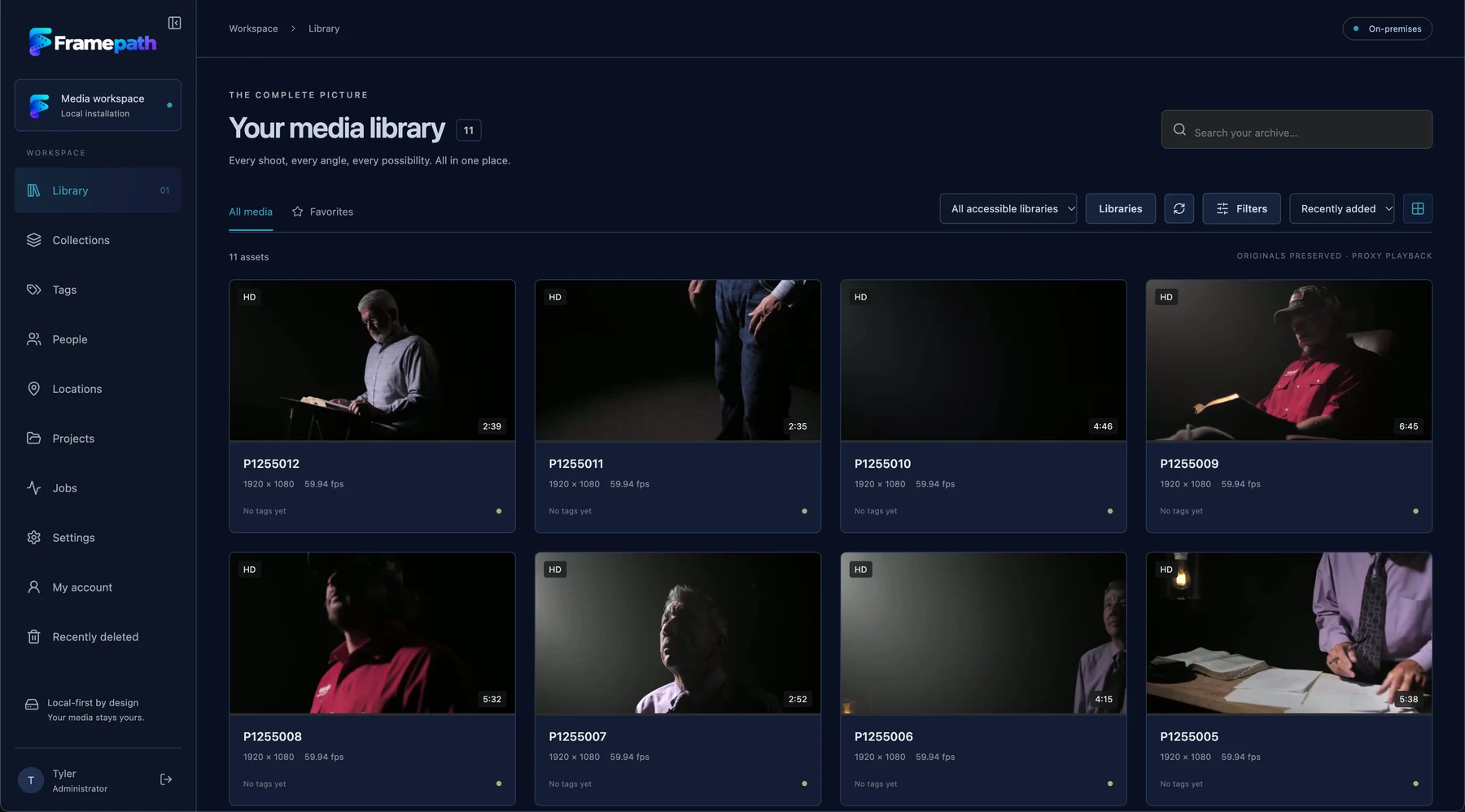 Framepath local media library showing footage previews, collections, tags, and search